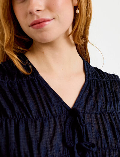 Blouse ajust&eacute;e col v dentelle pliss&eacute;e bleu marine femme