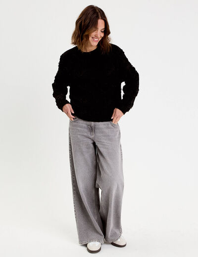 Pull fleurs en relief noir femme