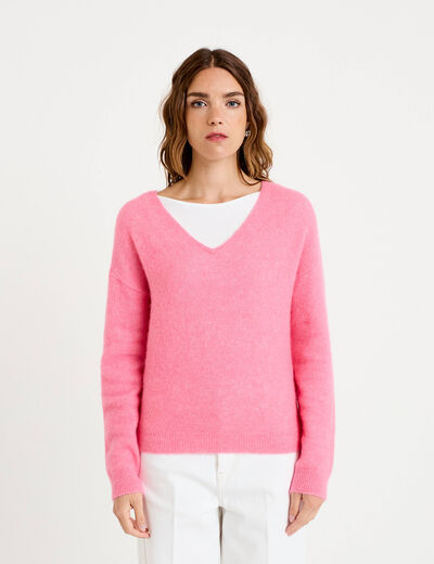 Pull avec col en V rose vif femme