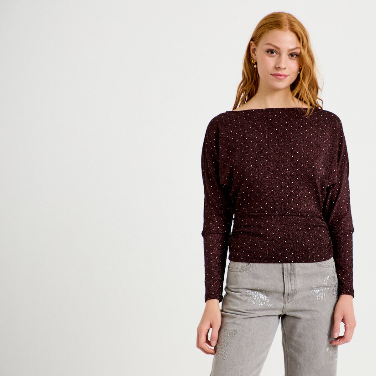 Top droit col bateau manches longues violet fonc&eacute; femme