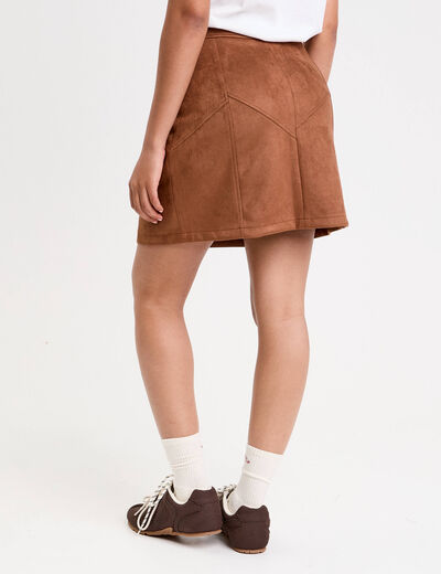 Jupe trap&egrave;ze courte aspect daim marron femme