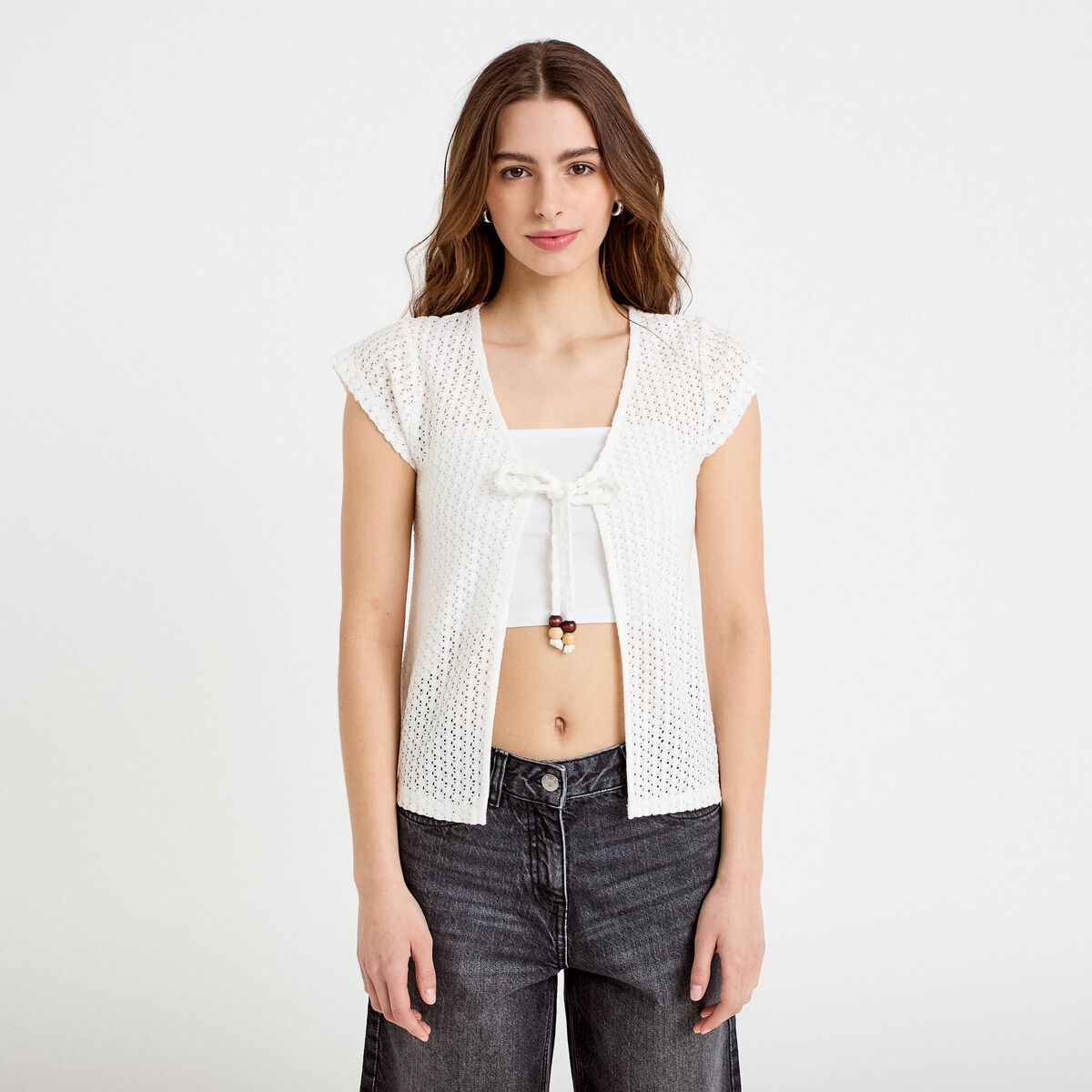 Gilet manches courtes aspect dentelle ecru femme