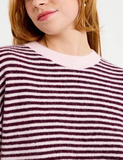 Pull ample duveteux manches courtes prune femme