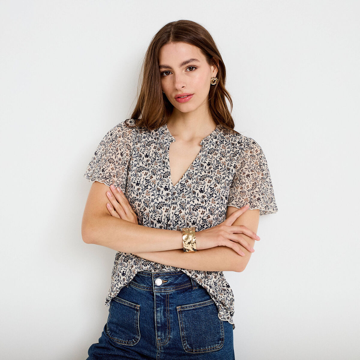 Blouse droite longue manches courtes blanc femme