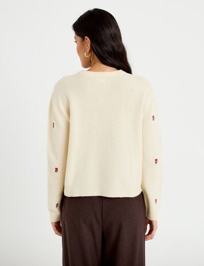 Gilet manches longues broderies col rond beige femme