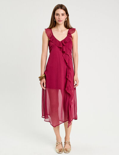 Robe longue évasée volants bordeaux femme