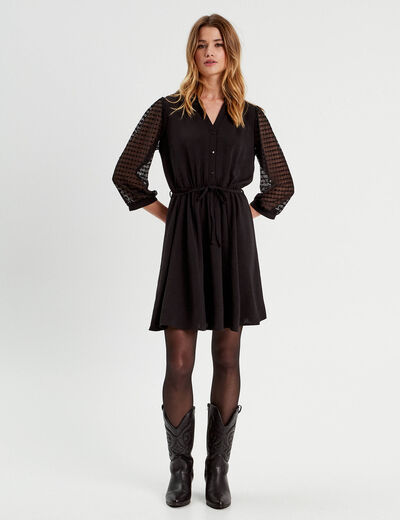 Robe trapèze manches dentelle noir femme