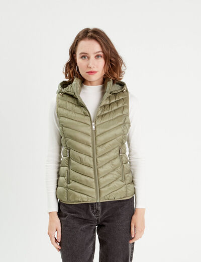 Doudoune sans manches capuche vert kaki femme
