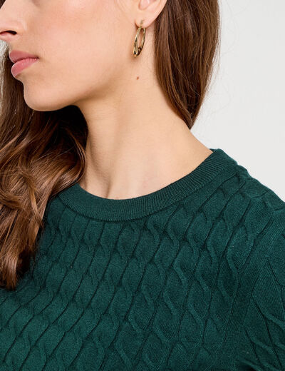 Pull torsades vert foncé femme