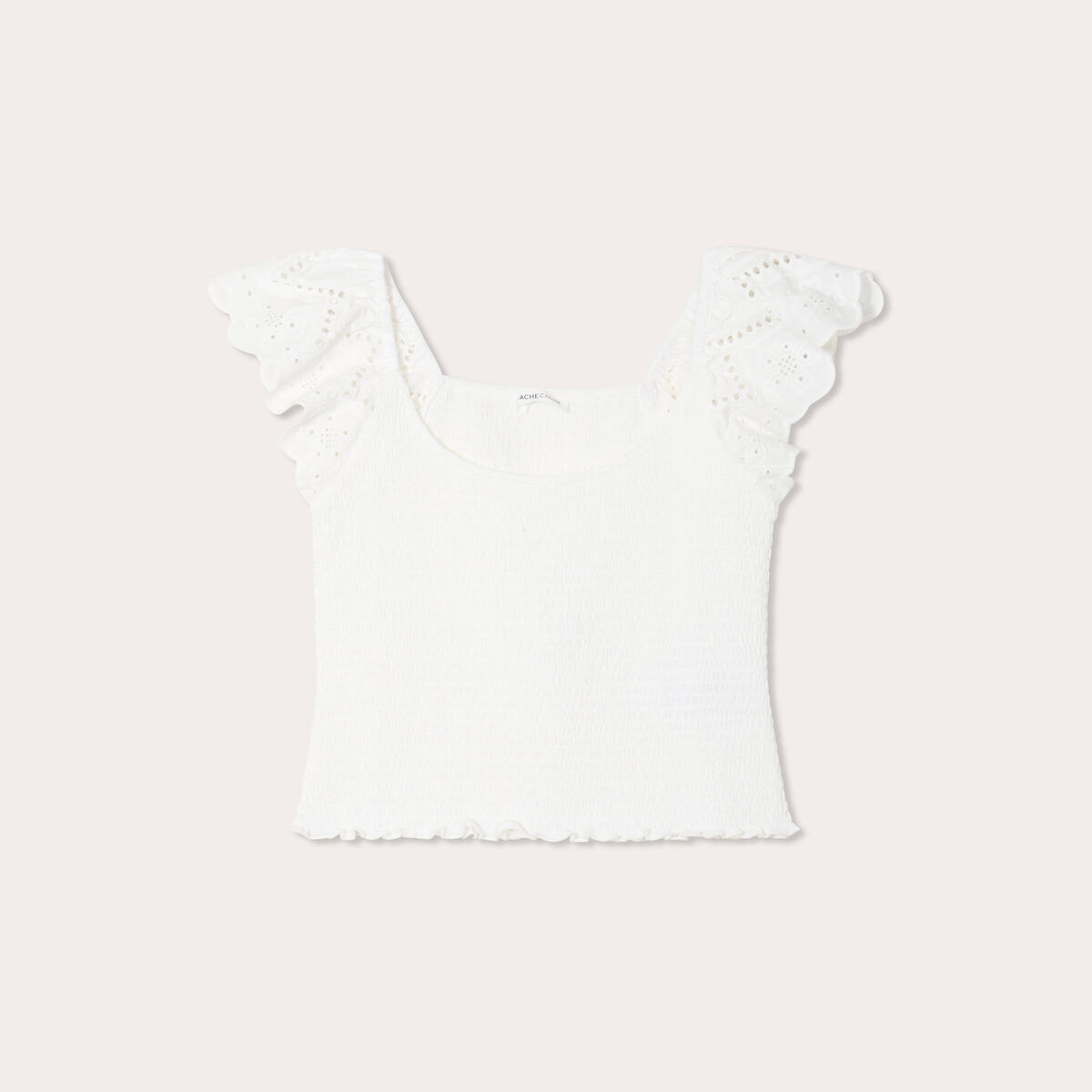 T-shirt smocké avec broderie blanc femme
