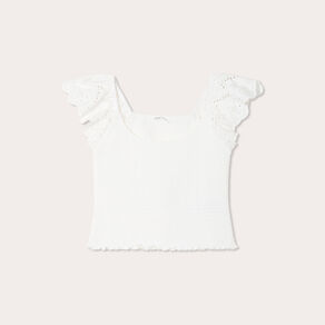 T-shirt smocké avec broderie blanc femme