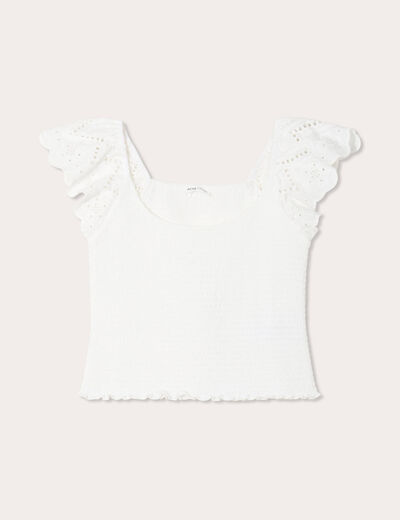 T-shirt smocké avec broderie blanc femme