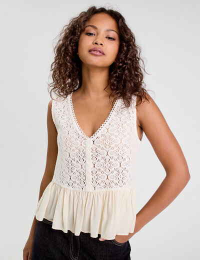 Blouse sans manches dentelle ecru femme