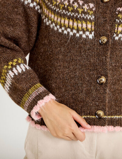 Gilet ample col rond manches longues marron fonc&eacute; femme