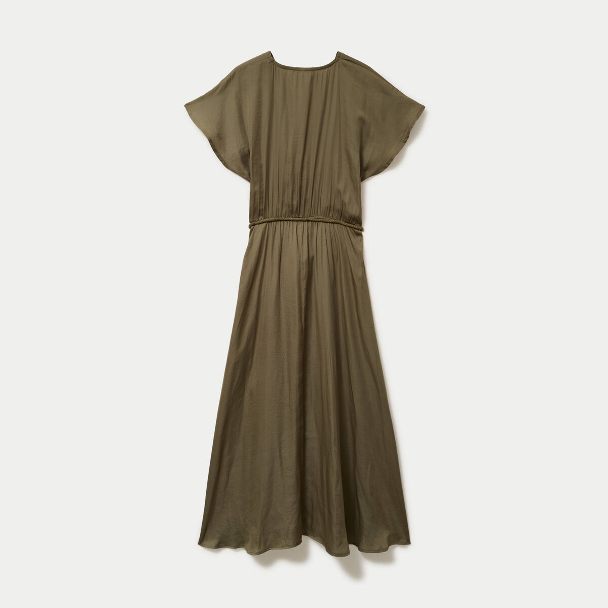 Robe longue &eacute;vas&eacute;e col v satin&eacute;e vert kaki femme
