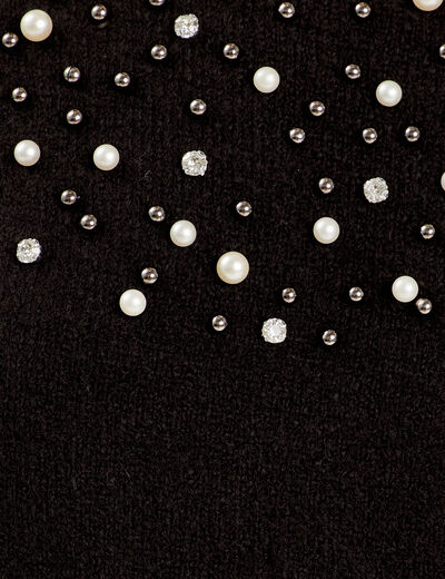 Pull perles et détails bijoux noir femme