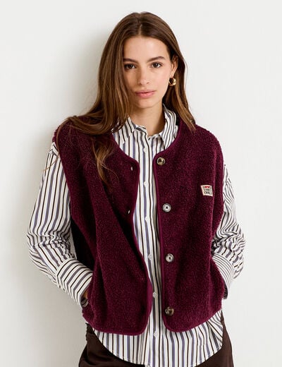 Gilet sans manches fausse fourrure prune femme