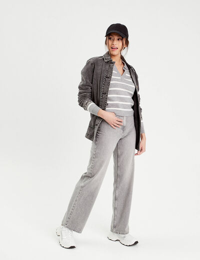 Pull manches longues col polo gris clair femme