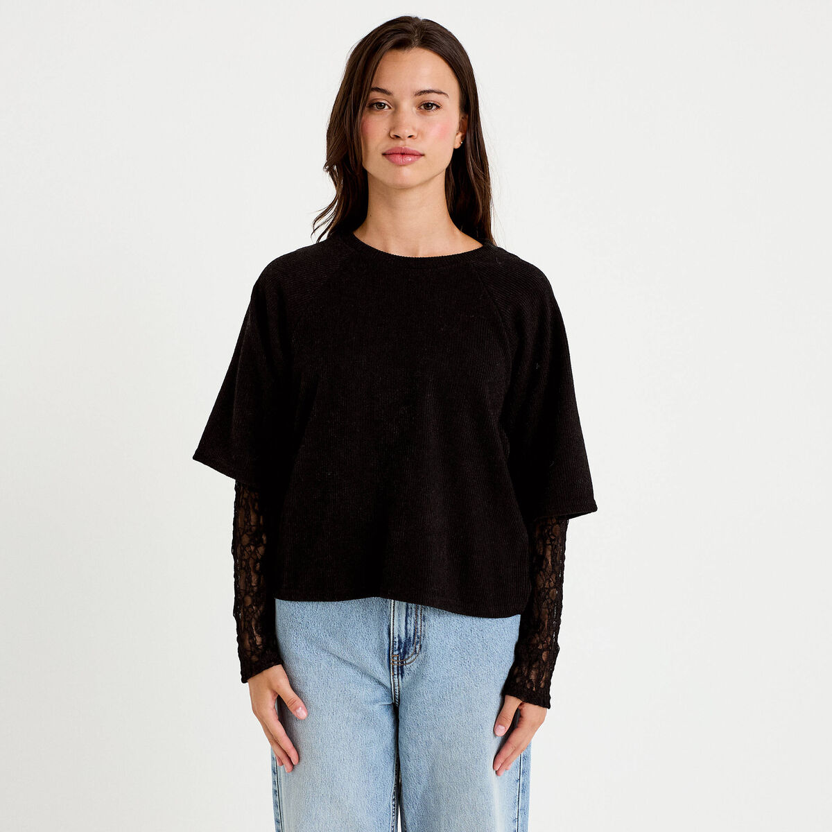 Top bi-mati&egrave;re dentelle col rond noir femme