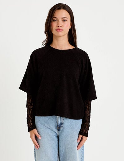 Top bi-mati&egrave;re dentelle col rond noir femme