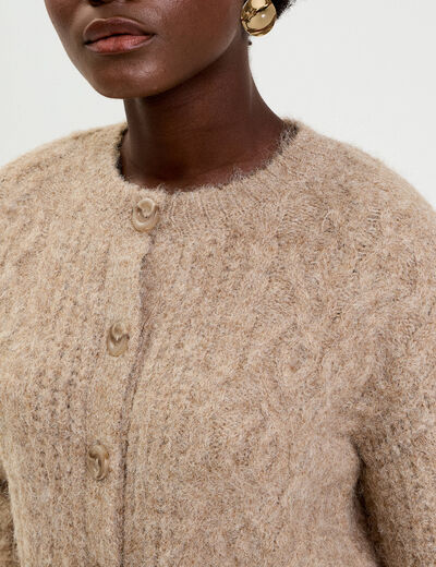Gilet torsad&eacute; col rond beige femme