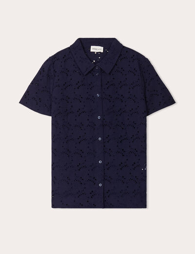 Chemise manches courtes brodée bleu marine femme