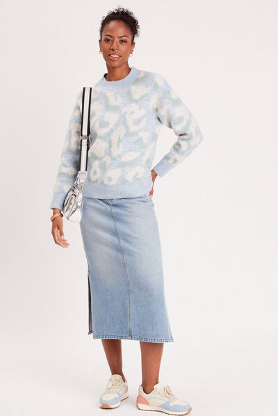 Pull manches longues col rond bleu pastel femme