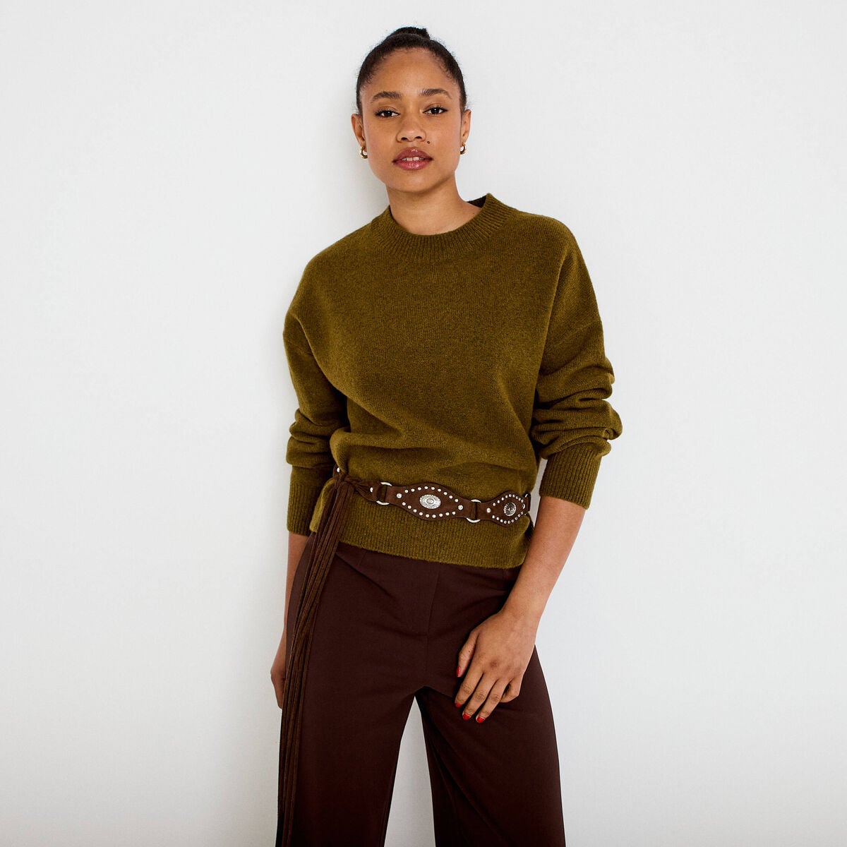 Pull col rond vert olive femme
