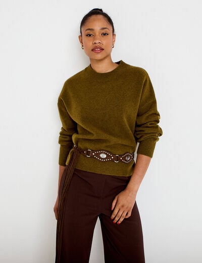 Pull col rond vert olive femme