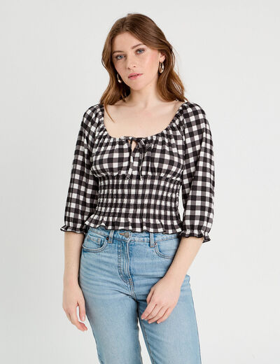 Blouse smockée manches 3/4 blanc femme
