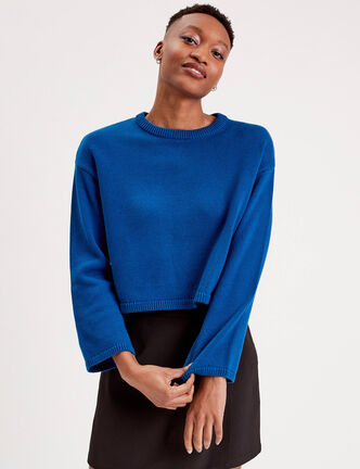 Pull court manches pagodes bleu electrique femme