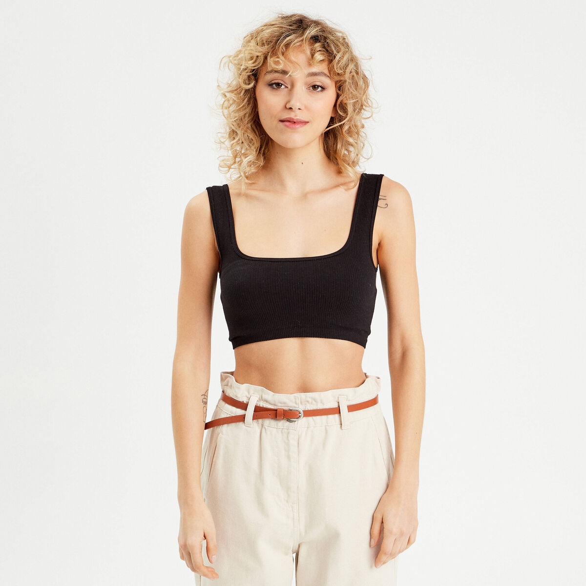 Débardeur cropped côtelé noir femme