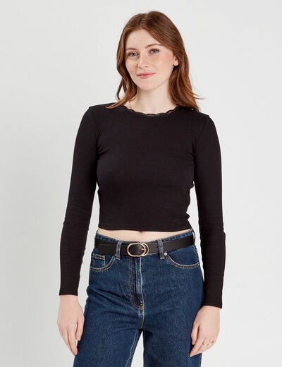 T-shirt cropped côtelé noir femme