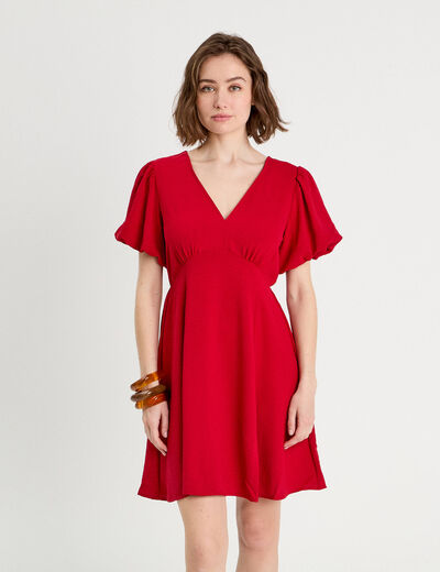 Robe trapèze manches ballons rouge femme