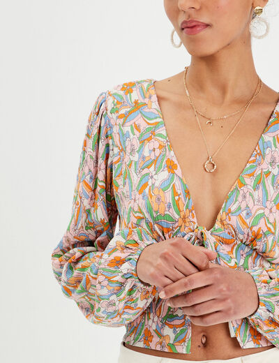 Blouse manches longues plissée rose femme