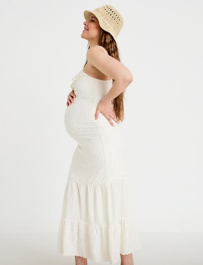 Robe longue &eacute;vas&eacute;e col v bretelles ecru femme
