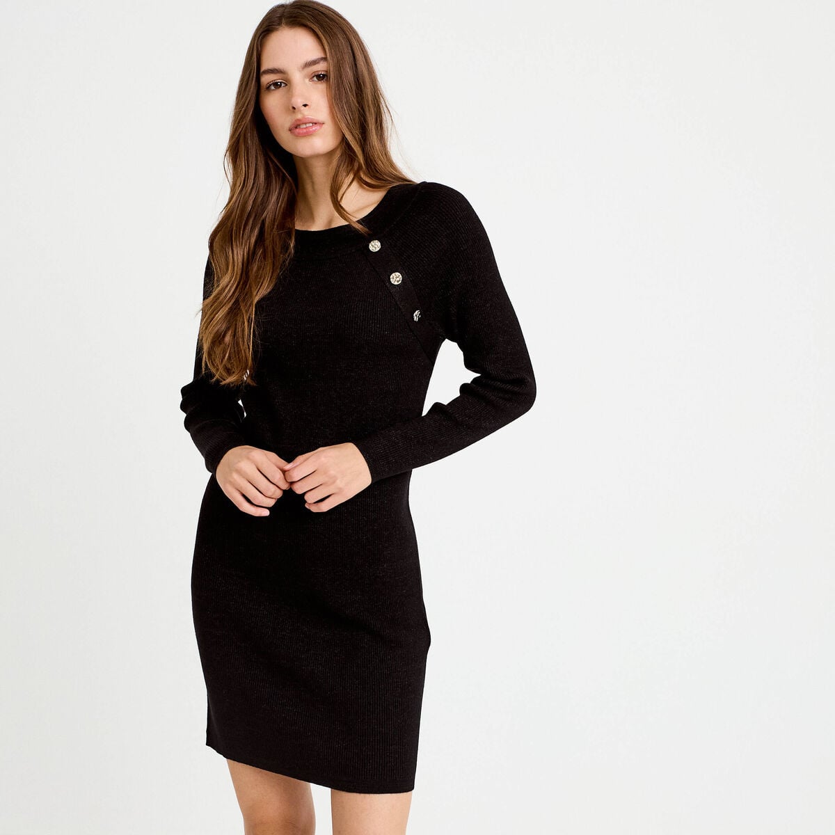 Robe pull ajust&eacute;e manches longues noir femme