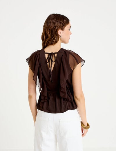 Blouse d&eacute;collet&eacute; voile manches courtes marron fonc&eacute; femme