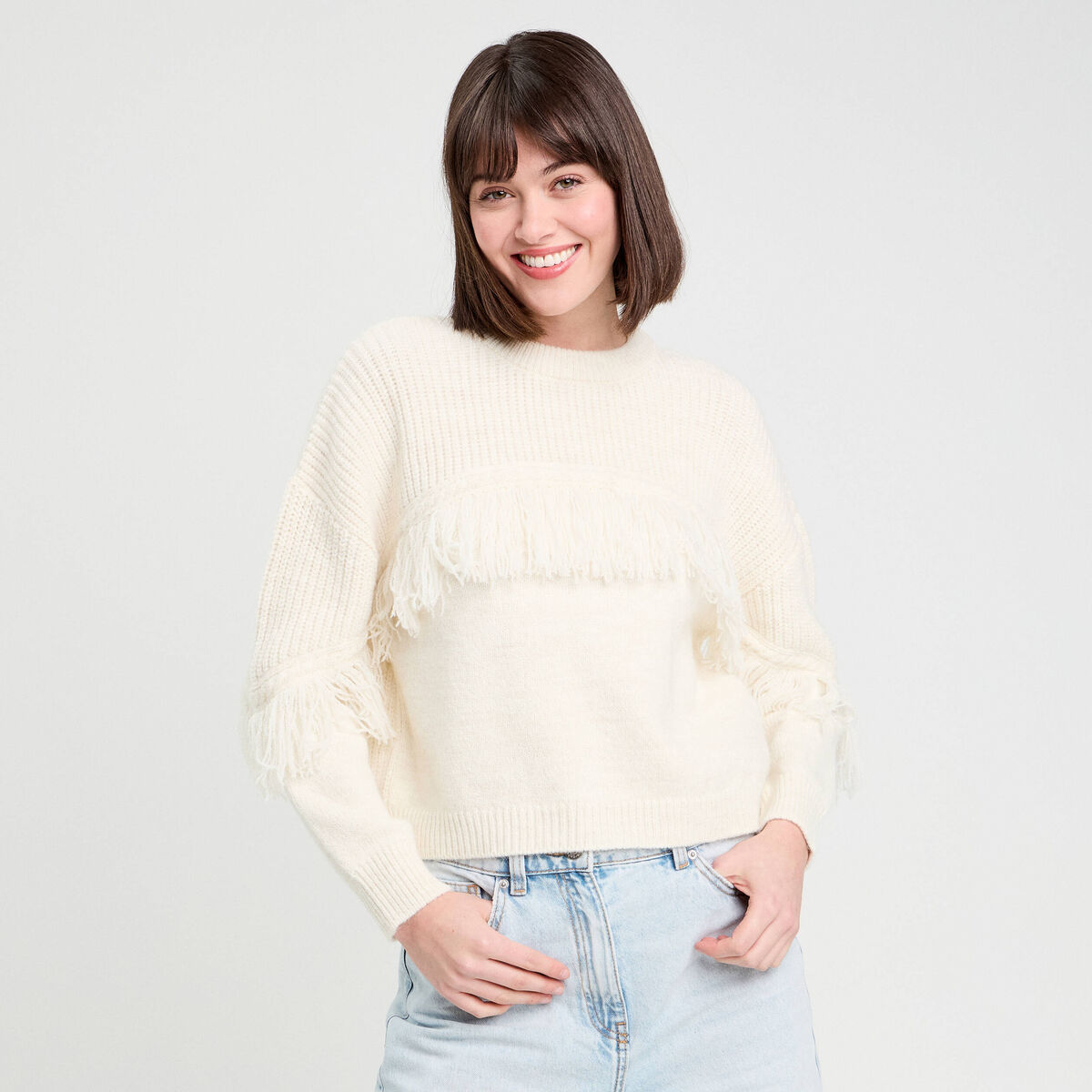 Pull avec franges ecru femme