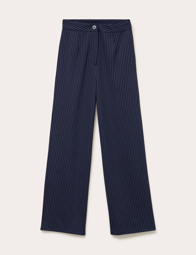 Pantalon large taille haute bleu marine femme