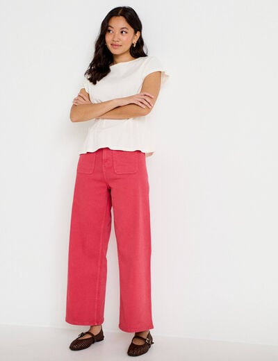 Jean wide leg cropped taille haute rose framboise femme