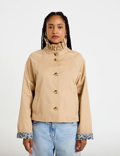 Veste droite col montant manches longues beige femme