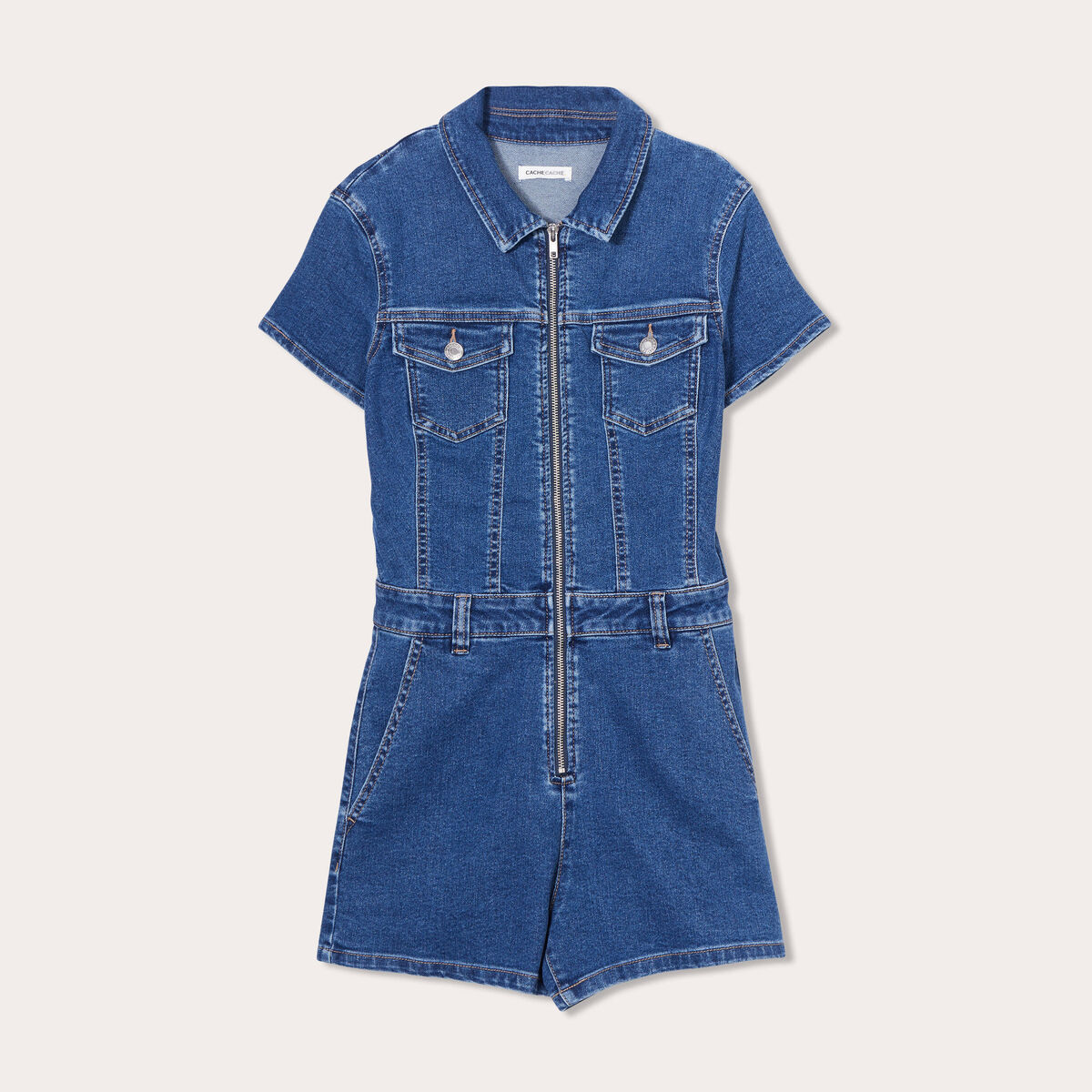 Combishort zippée en jean denim double stone femme