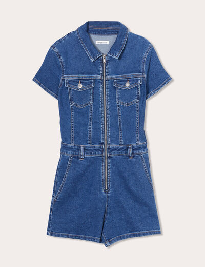Combishort zippée en jean denim double stone femme