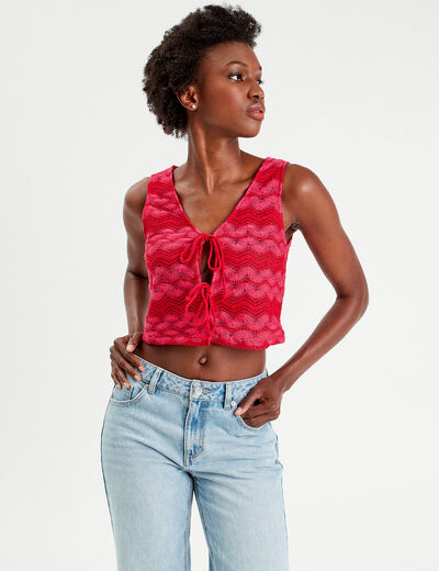 Gilet cropped crochet rose fushia femme