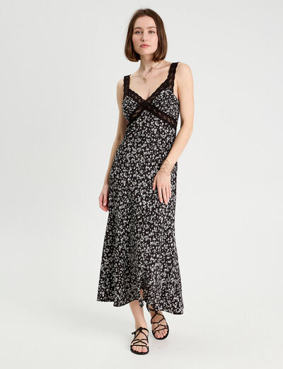Robe longue évasée noir femme