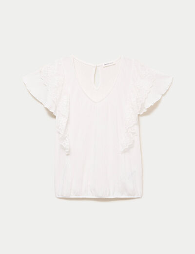 Blouse col v manches courtes dentelle ecru femme