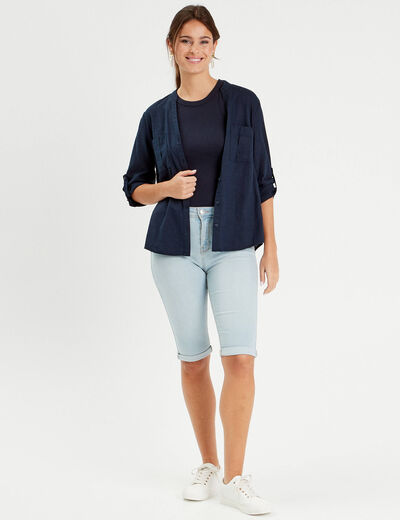 Chemise manches 3/4 contenant du lin bleu marine femme