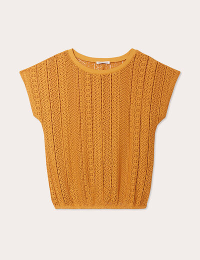 T-shirt manches courtes ajouré jaune moutarde femme
