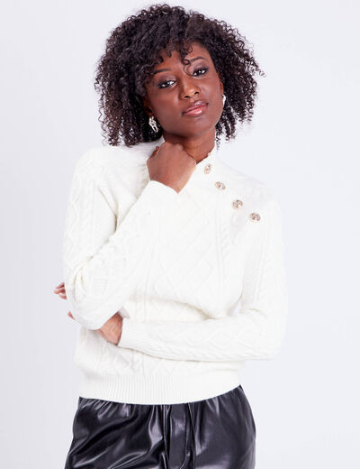 Pull boutonné avec torsades ecru femme